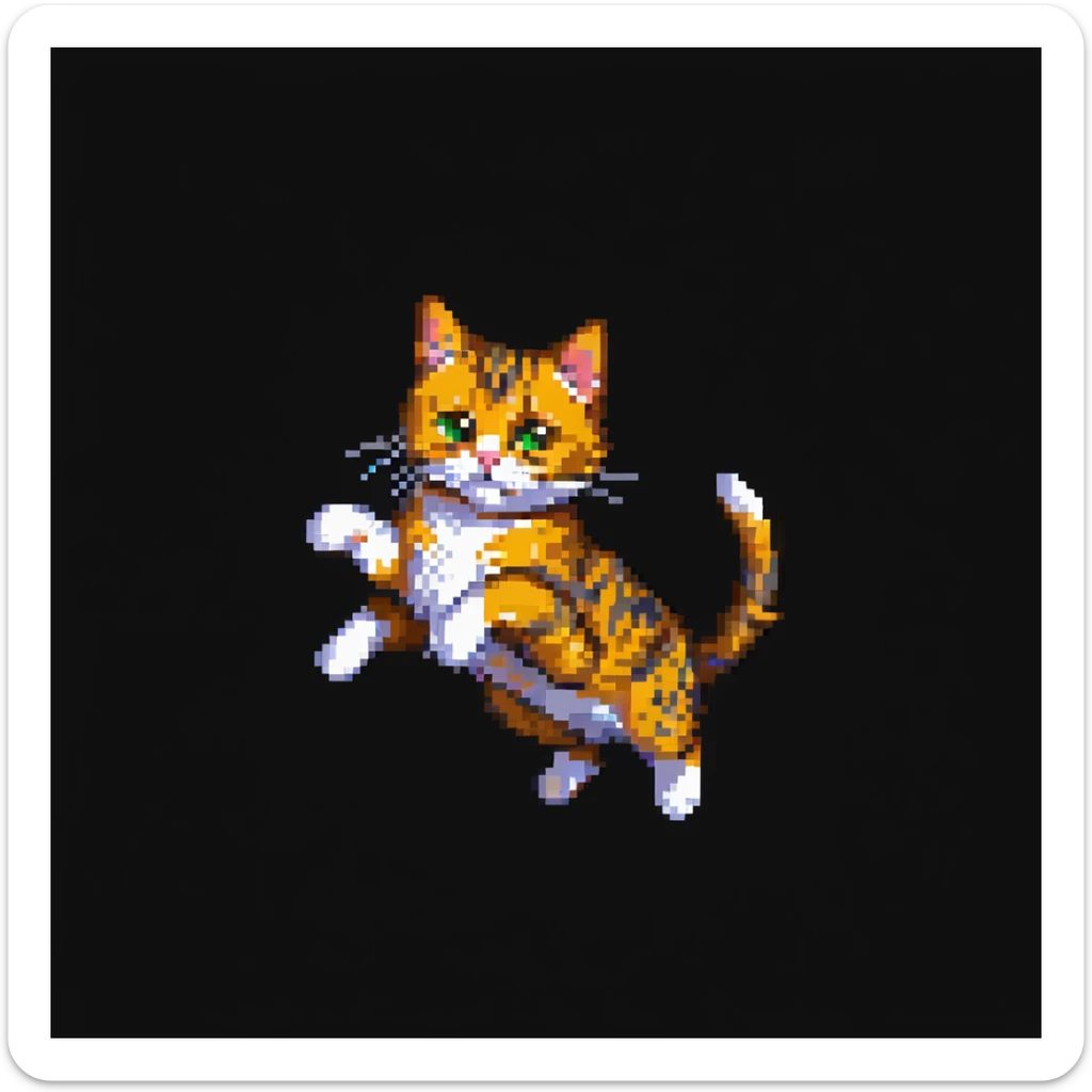 Make the jumping European shorthair cat a tabby cat in pixel art style, showing dynamic movement with a white background. sticker