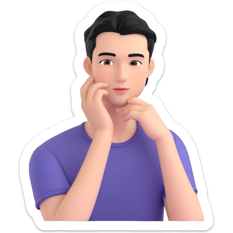 handsome guy with black hair, slightly flushed and dreamy, showing signs of low blood pressure with gentle blush and relaxed posture, hand to cheek, subtle romantic hints to boyfriend sticker