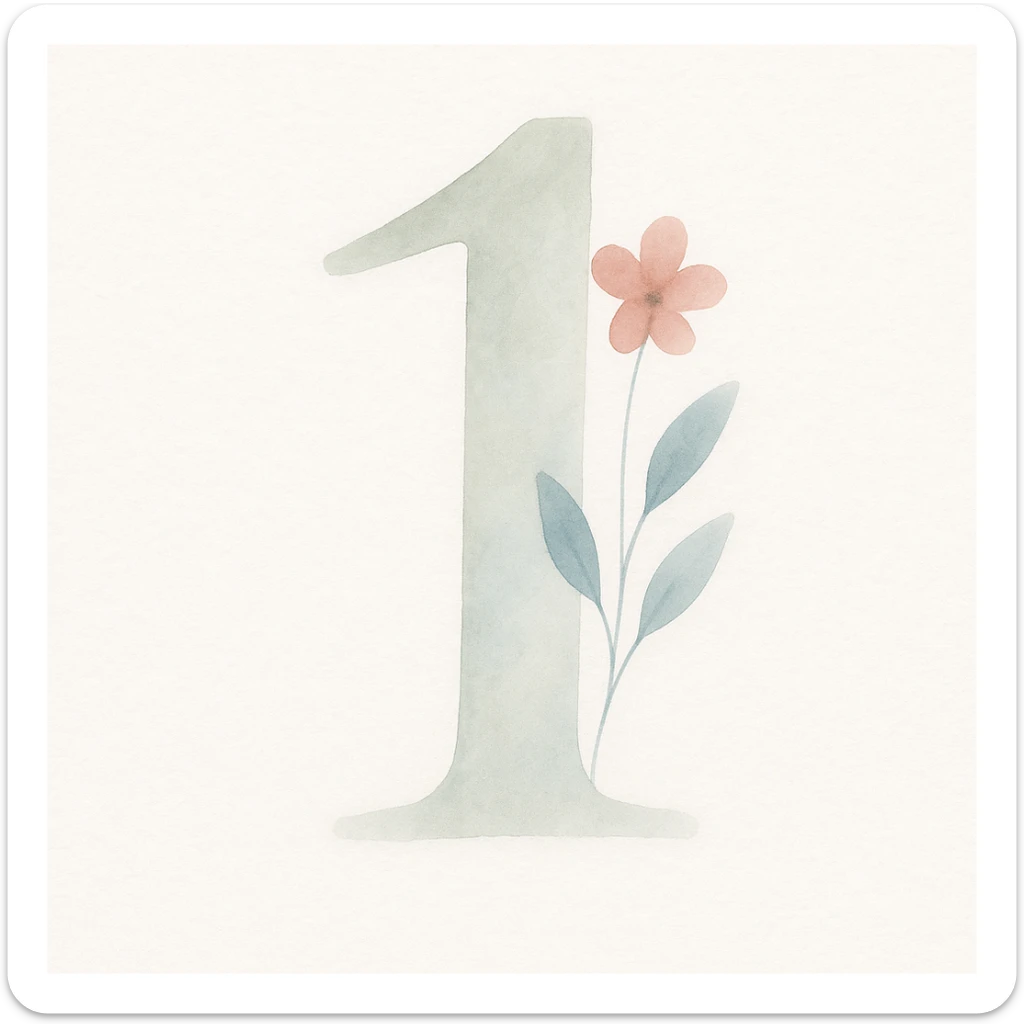 soft watercolor illustration in a minimalist modern style, large number 1, gentle whimsical mood, pastel colors, delicate linework, minimal soft shading sticker