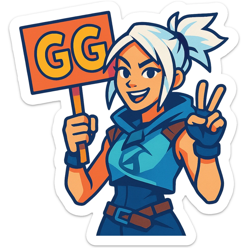 Jett from Valorant holding a sign with the text 'GG', energetic and cool personality, vibrant colors sticker