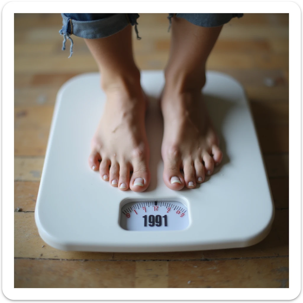 adult woman, photorealistic, close-up of scale with changing numbers (motion blur effect), woman's feet on it, light background, concept of fluctuating weight sticker