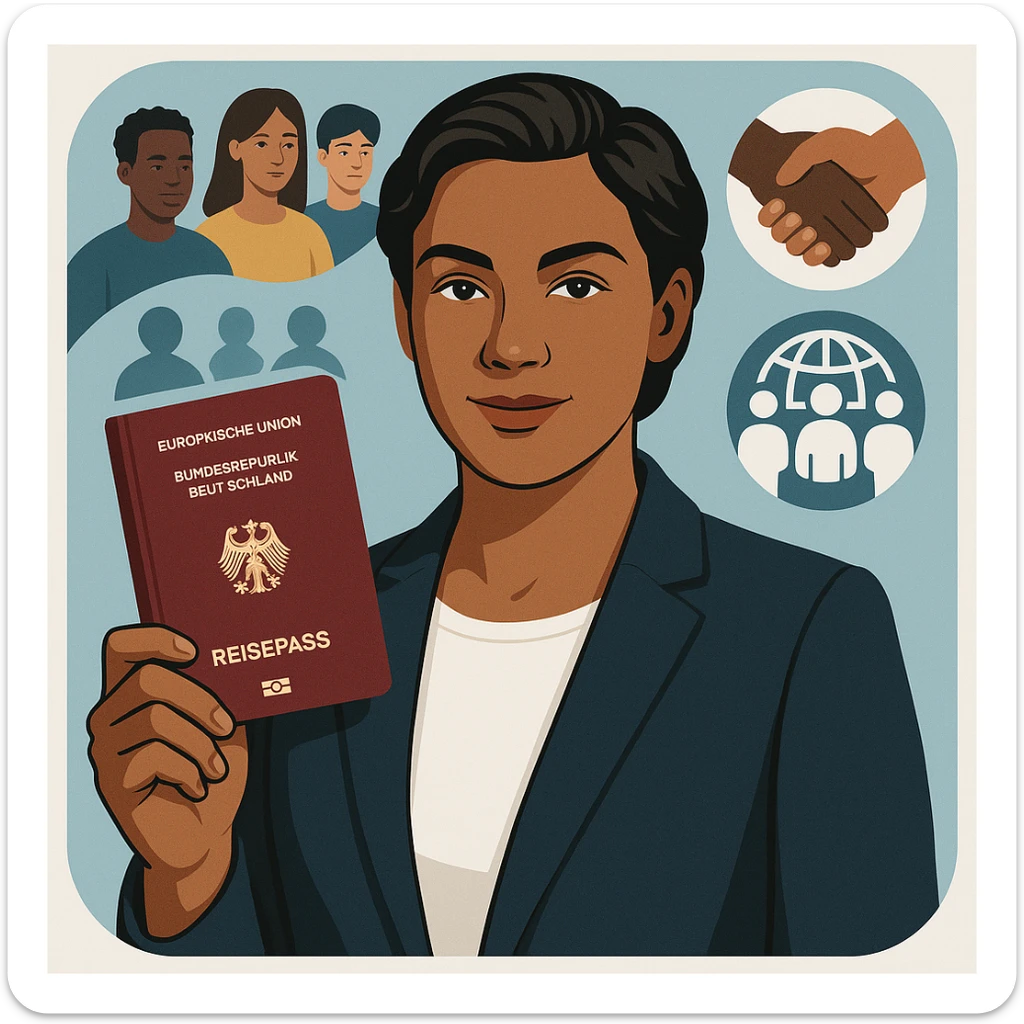 realistic style portrait of a confident person with a German passport and integration motifs, modern and official, app icon sticker