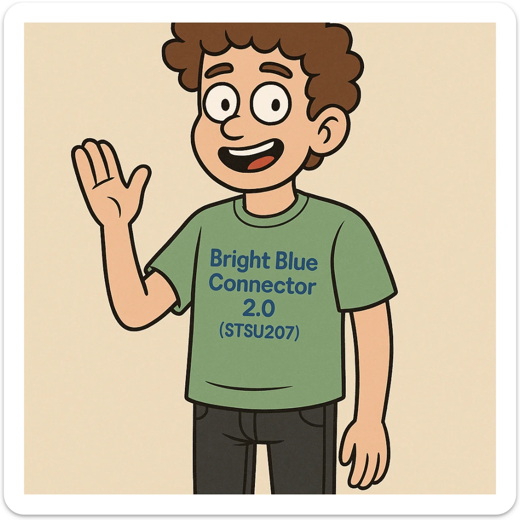 A boy brown curly hair green t-shirt Bright Blue Connector 2.0 (STSU207) black jeans sticker