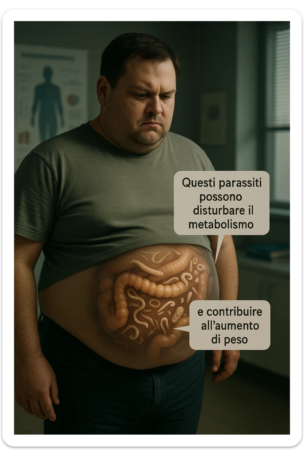 cinematic photo an overweight man is shown with a semi-transparent abdomen, highlighting the intestines filled with various types of parasites (such as worms or protozoa). Educational callouts explain how these parasites can disrupt metabolism and contribute to weight gain. The setting is a medical office, with charts and diagrams in the background. in italiano sticker