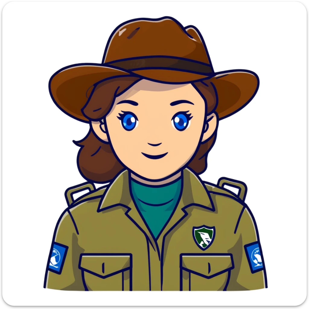 white woman park ranger with brown hair and blue eyes in a nature background sticker