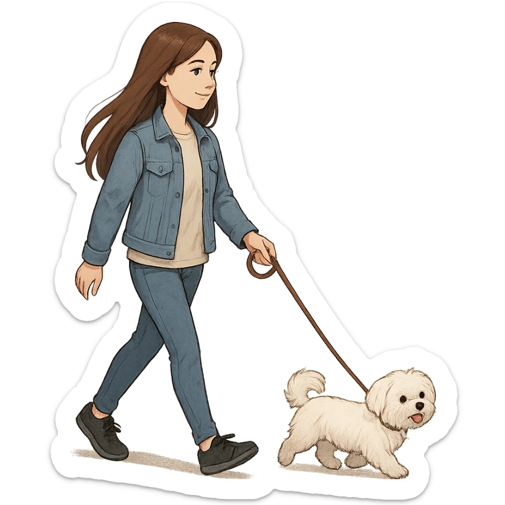 brunette girl with long hair walking a Maltese dog on a leash sticker