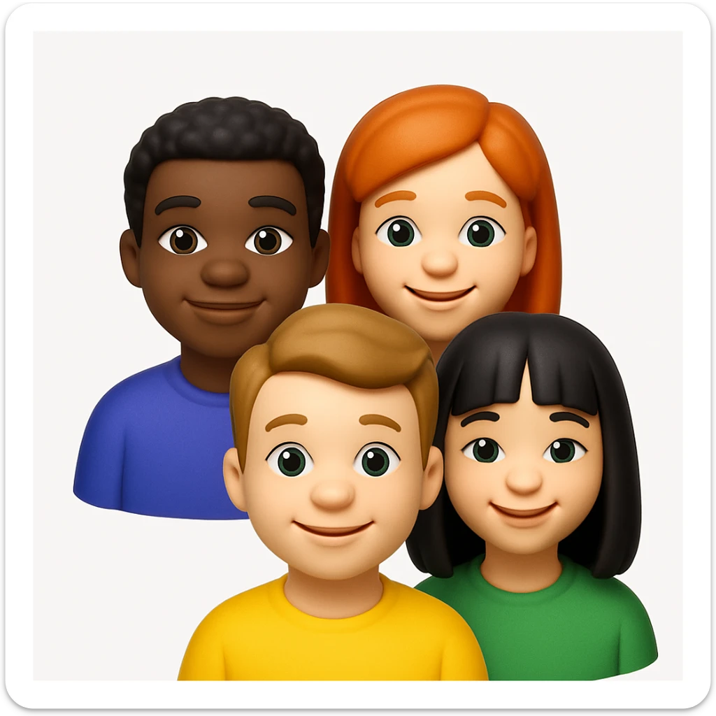 A 3D emoji in iOS emoji aesthetic style showing a small group of people standing together, smiling and facing forward, diverse appearances, friendly expressions, glossy Apple-style finish, clean white background

 sticker
