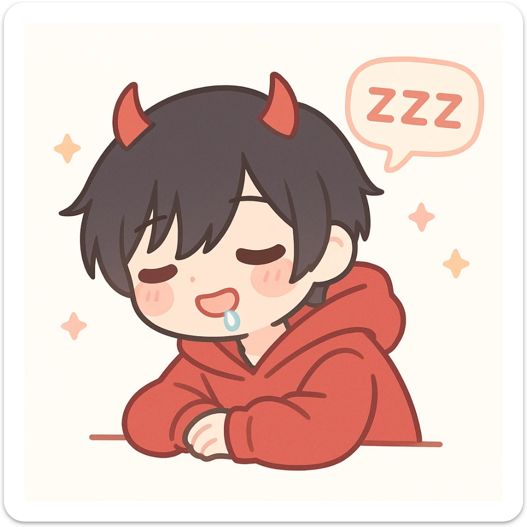 anime teenager with short emo black hair, red eyes, wearing a red hoodie and red devil horns, falling asleep leaning forward, drooling, with three ZZZ's horizontally in a speech bubble sticker