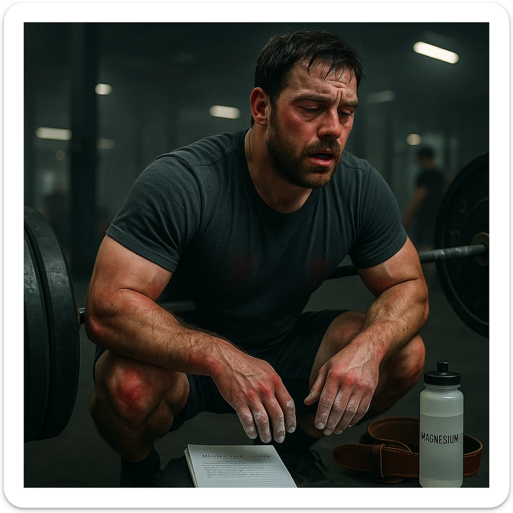 In the style and palette of the reference image, show a muscular 30-year-old man doing a heavy squat in a gym, tired face, hands with chalk, diary nearby, dark circles and redness on joints. On the floor: water bottle, magnesium, belt. Blurred gym background with cold lighting. Cinematic realism. sticker