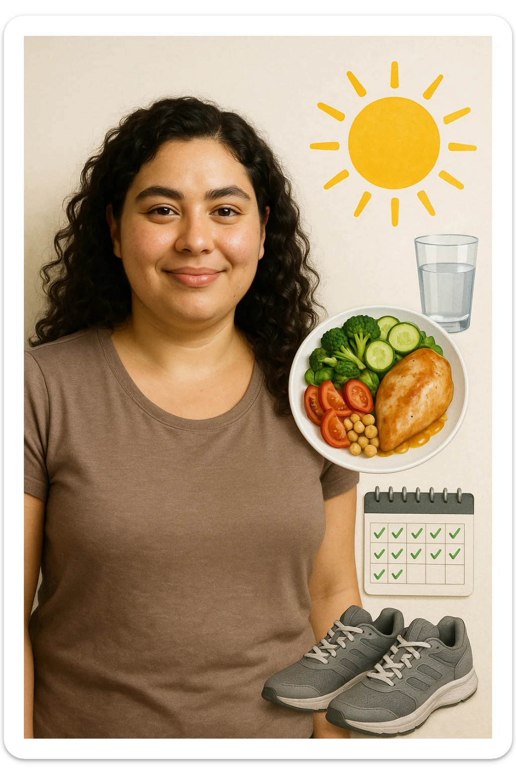 Realistic portrait of a woman with PCOS who is well, glowing skin, healthy hair, relaxed posture. Next to her, symbols of wellness: healthy plate, water, sports shoes, sun, calendar with symptom-free days. Bright atmosphere, realistic details, vertical 2:3, no text. sticker