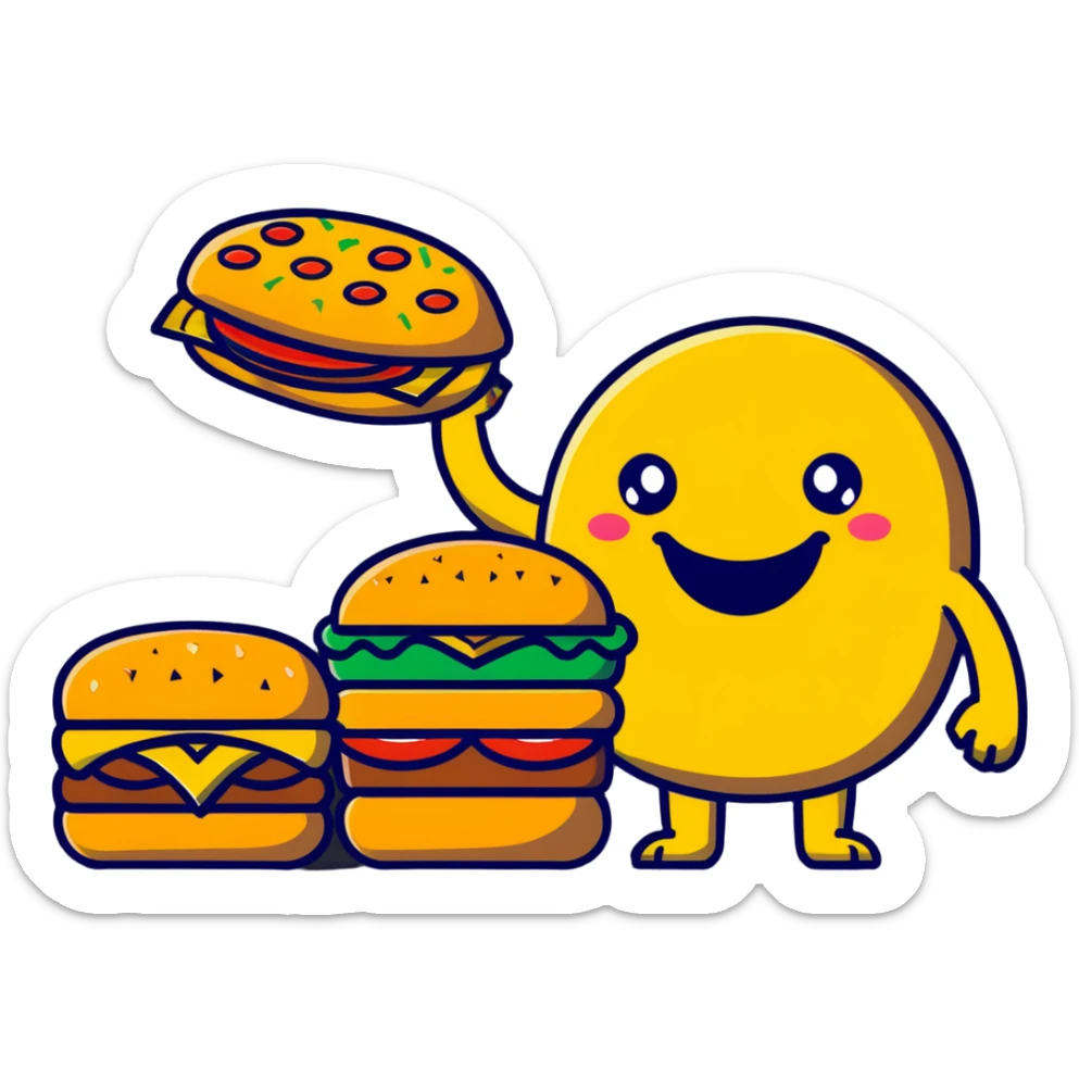 A fun food monster made of burger, pizza, and fries with cartoon eyes and a big smile sticker