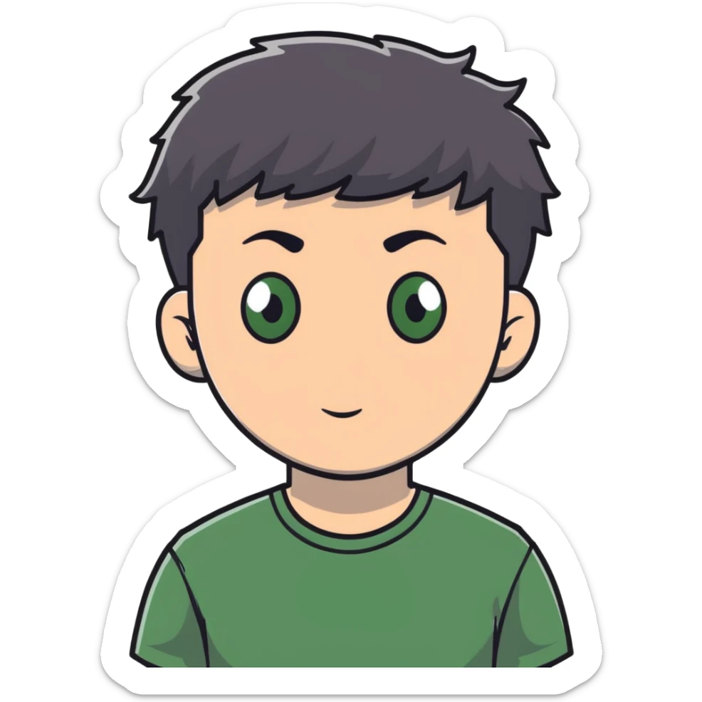 white man with dark messy short hair, dark green eyes, wearing a gray t-shirt sticker