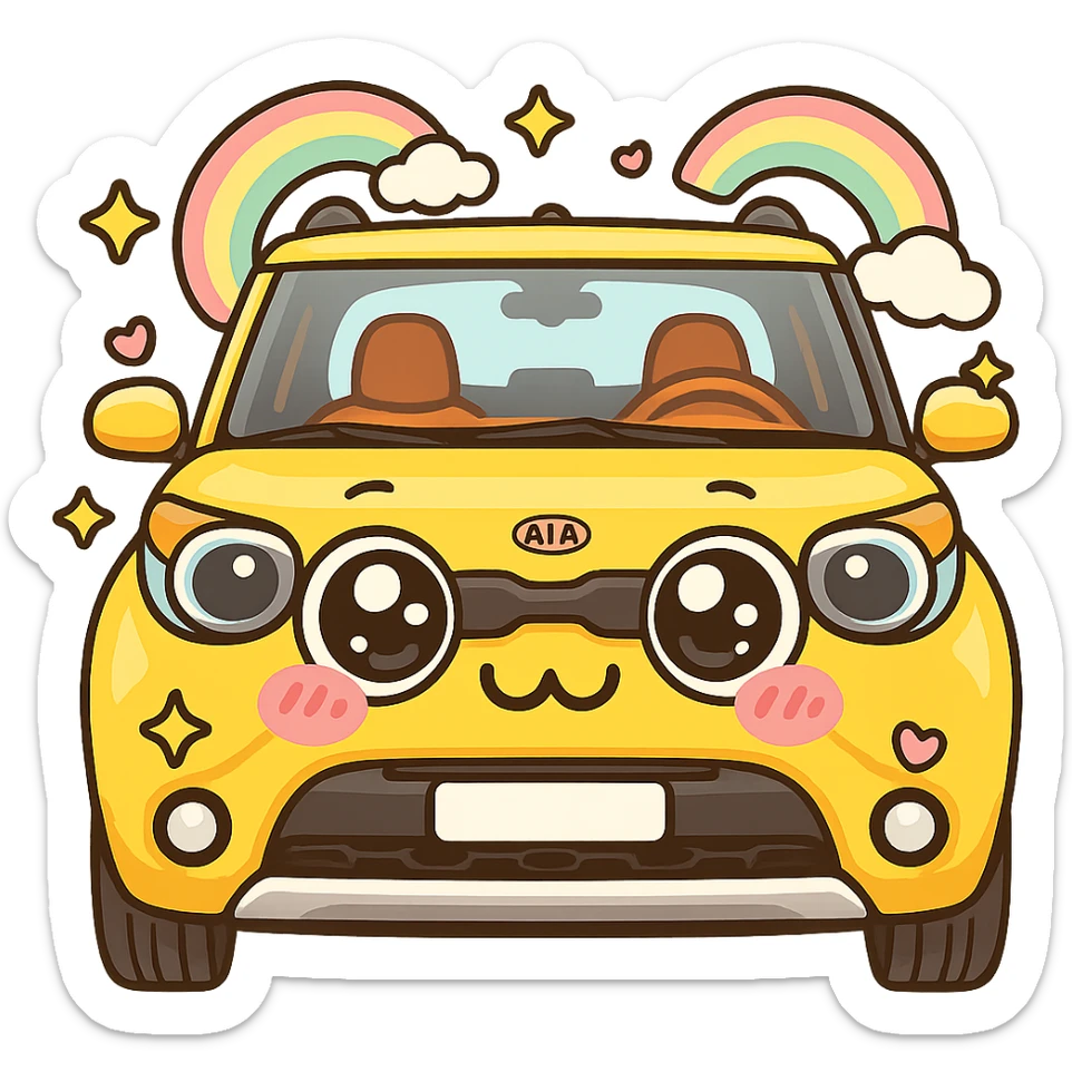 Add a very expressive kawaii face with big shiny eyes and pink cheeks to the car. Add rainbows around the car. Make the whole image even more kawaii. Keep the background transparent. The style should be cute and colorful with a kawaii aesthetic. sticker