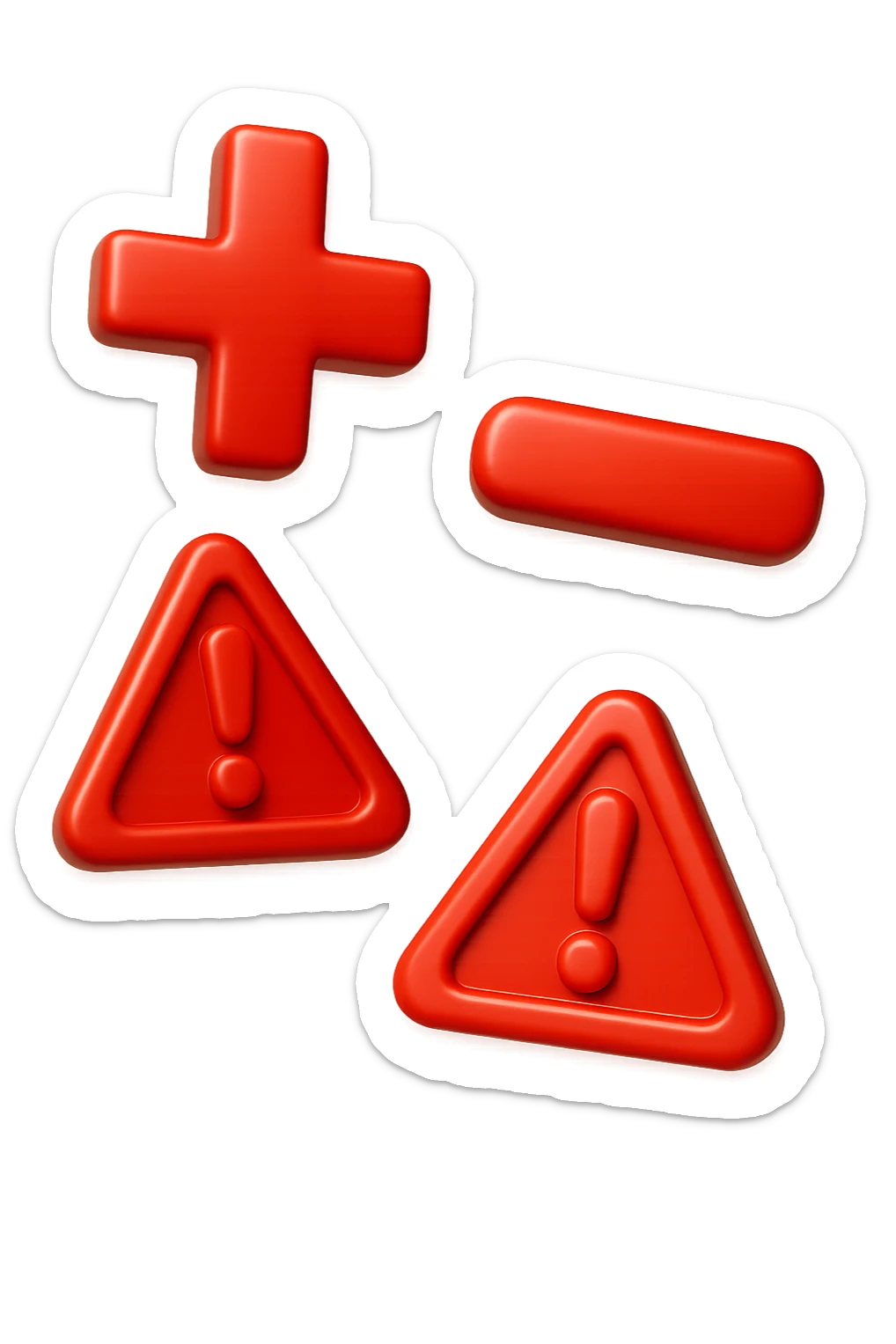 emoji stile iphone dei simboli "+" e "-" rossi in 3d che fluttuano in aria insieme a segnali di pericolo, FALLO MOLTO REALISTICO IN 3D sticker