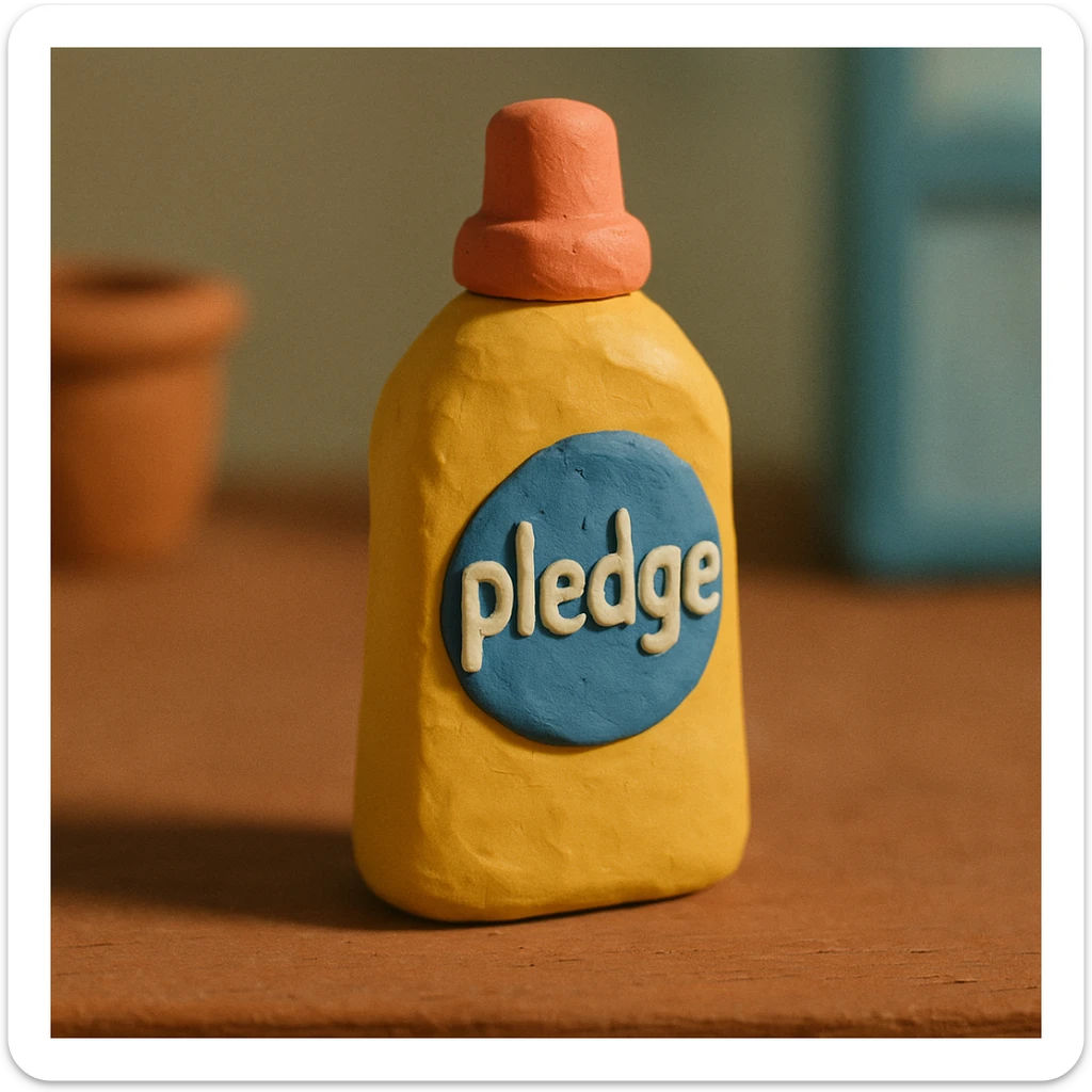 claymation style close-up of Pledge-like furniture polish bottle on a wooden table, soft lighting, pastel colors sticker