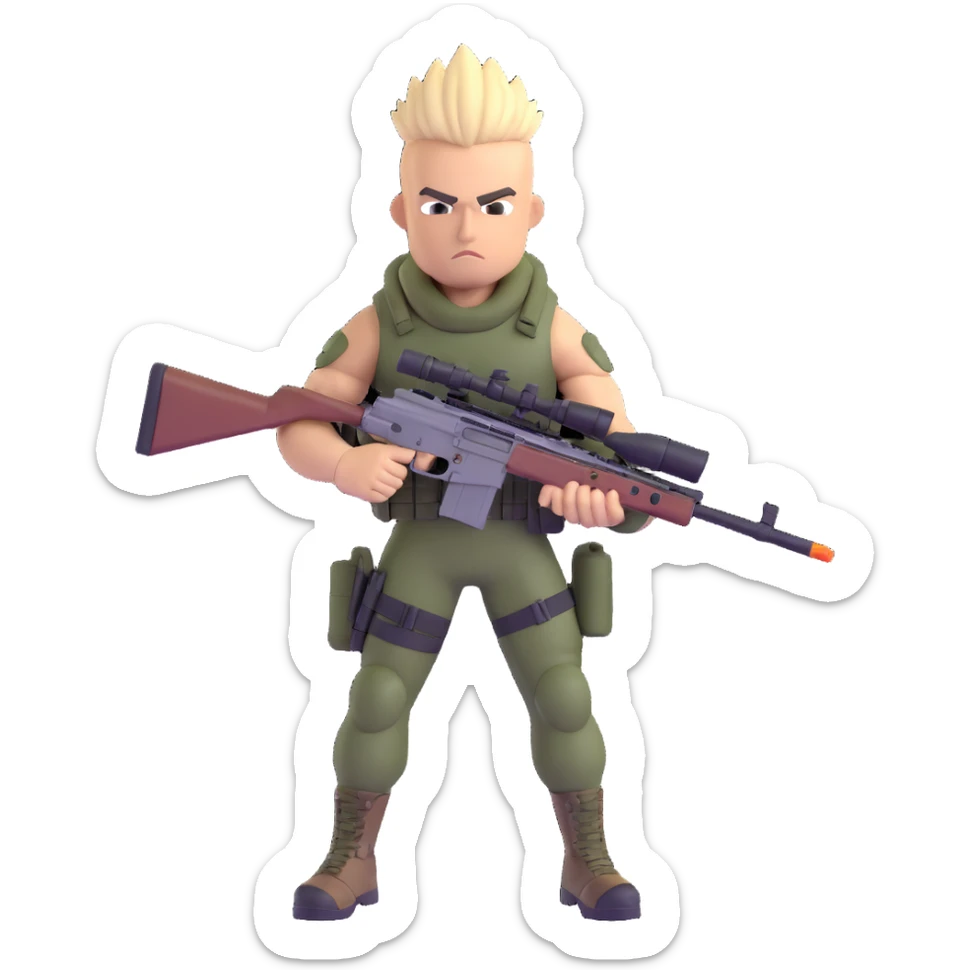 muscular soldier with a mohawk hairstyle and sniper rifle, confident stance, tactical gear sticker