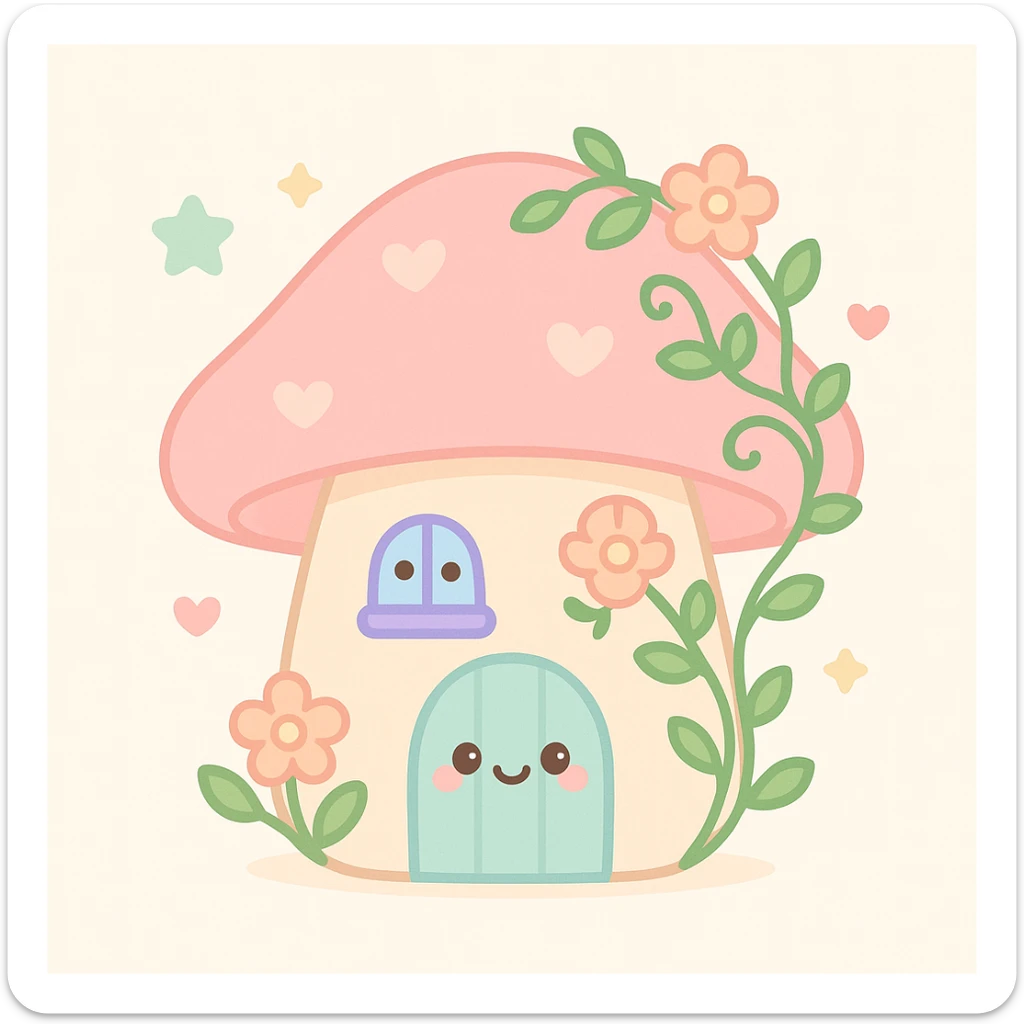 a pink mushroom house with vines and flowers, cottagecore style, dreamy and cozy sticker