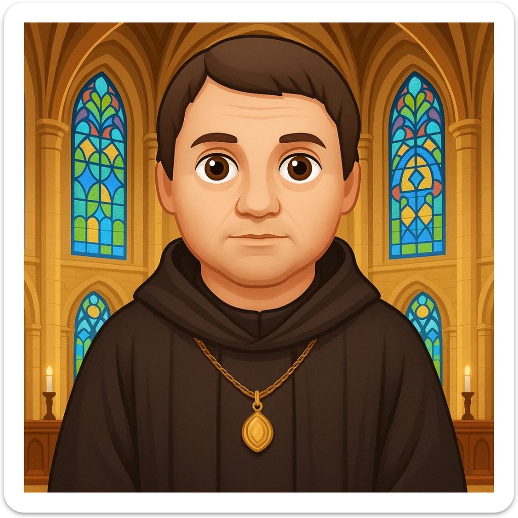 Add a church background behind Martin Luther in monk robes, in the style of apple emojis, preserving the apple emoji style look and feel. sticker