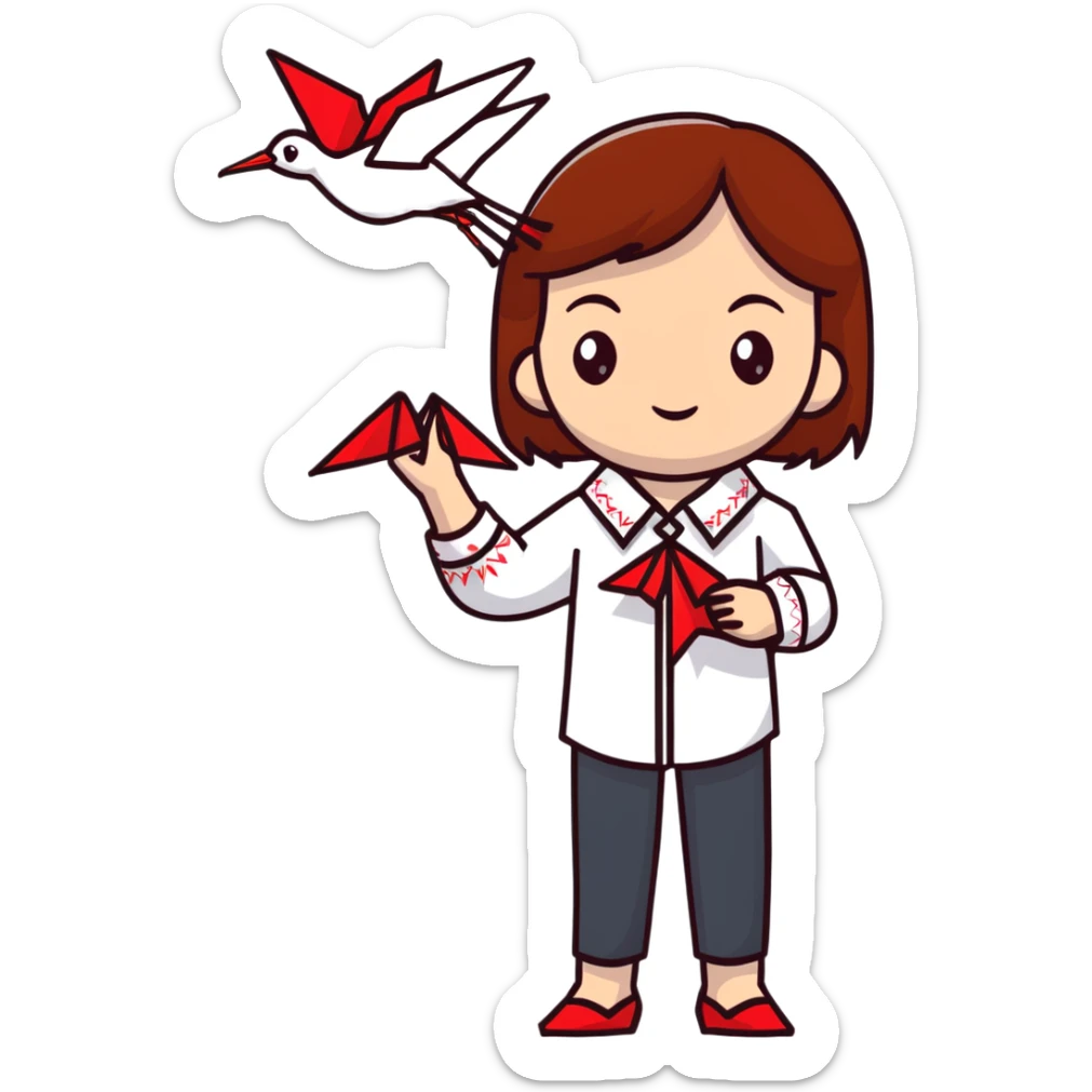 Happy Ukrainian young girl with brown hair in a white embroidered shirt holds an origami red crane sticker