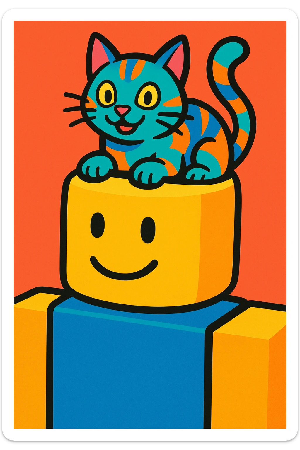 a vibrant colored illustration of a cat peeking out from the top of a Roblox noob's head sticker
