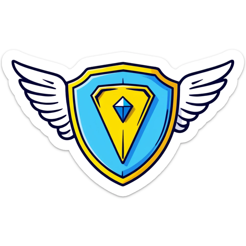 Premium shield badge with angel wings and a big shiny blue diamond in the center with VIP text sticker