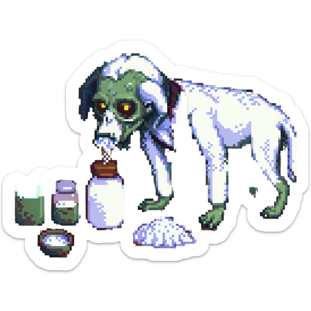 A zombie Leo  sniffing white powder with a background lab in the style of a pixel art sticker