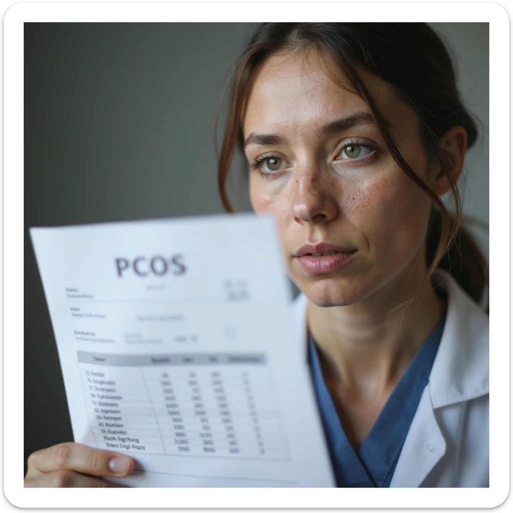 hyperrealistic 4K detailed image of a woman with PCOS, face with acne and chin hair, thin hair, looking at a lab sheet with zinc, iron and biotin values out of range, names clearly readable and values highlighted, clinical environment sticker