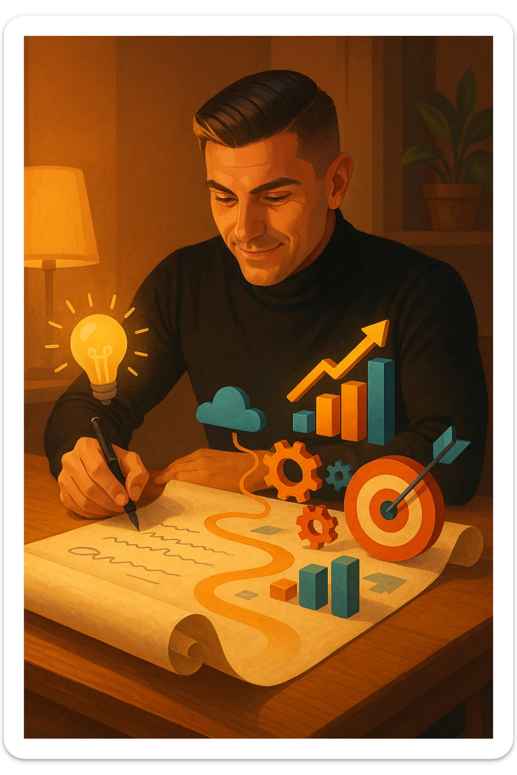 Un uomo concentrato, seduto alla sua scrivania in una stanza con luce calda, sta scrivendo su un enorme foglio di carta che si espande magicamente davanti a lui. Mentre scrive, le parole si trasformano in elementi visivi tridimensionali che rappresentano le soluzioni ai suoi problemi sticker