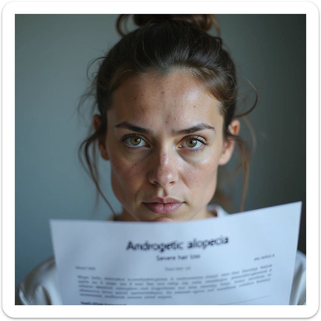 hyperrealistic 4K image of a woman with PCOS looking at a medical report with text 'Androgenetic alopecia' or 'Severe hair loss', face with acne and facial hair, thinning hair, serious expression, clinical environment sticker