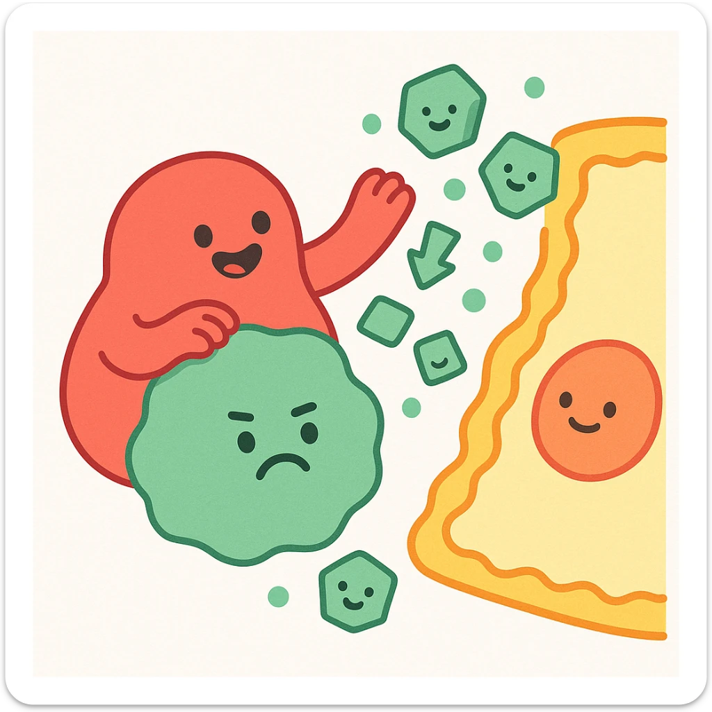 Ultra-detailed emoji-style illustration of enzyme digestion: Red amylase breaking green starch into sugars near a yellow cell membrane. Clean white background, no text. Scientific but simple, cartoon-exact shapes sticker
