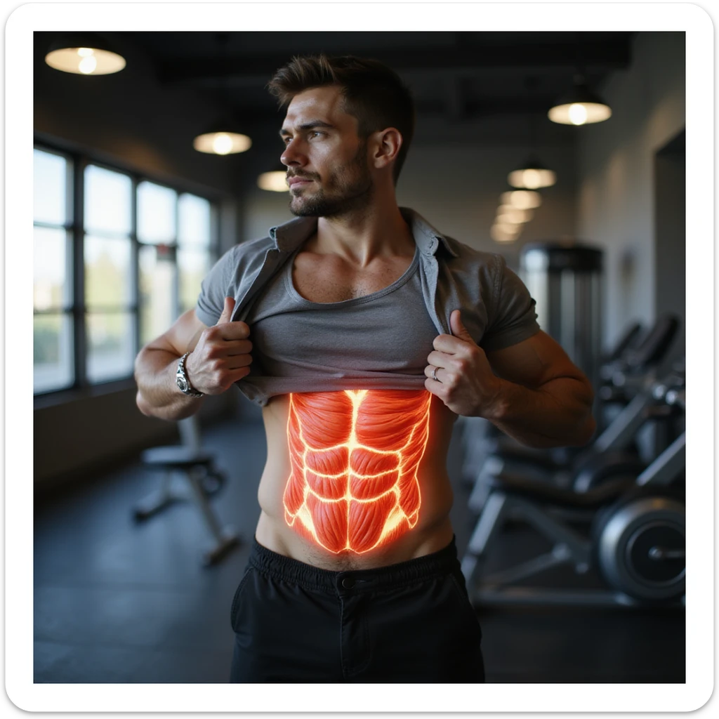 Italian man in gym, lifting his shirt to show belly; anatomical overlay showing fat reduction and muscle activation, realistic style, vertical 9:16 aspect ratio sticker
