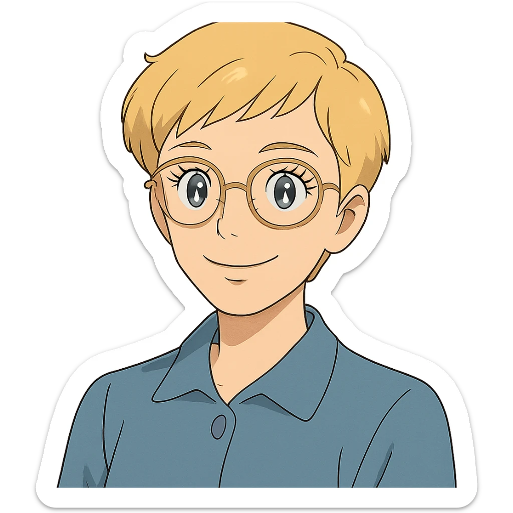 ghibli style blonde teacher with pixie haircut, gold glasses, blue eyes, big eyelashes, nice smile sticker