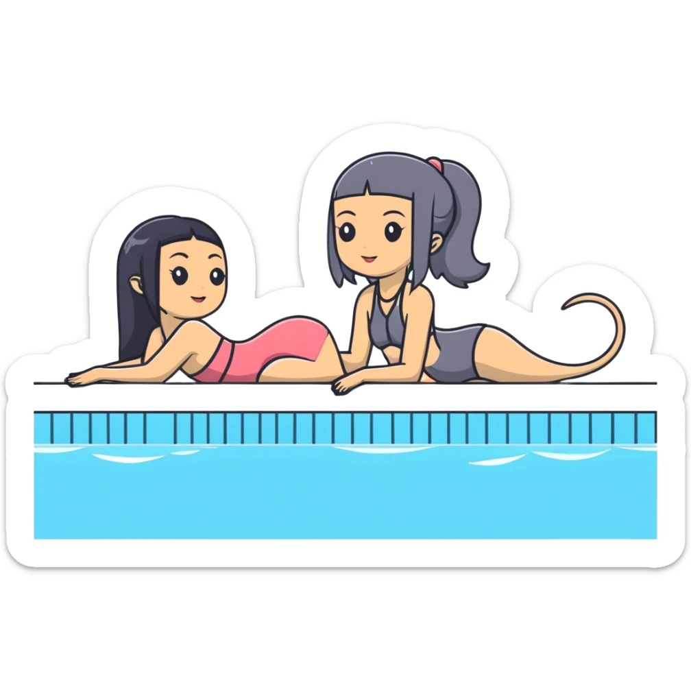 Very thin and slim Chinese woman with long black hair in pool attire at an indoor swimming pool with her Italian greyhound that is COMPLETELY solid dark grey with ABSOLUTELY ZERO white markings anywhere - 100% uniform dark grey color only sticker