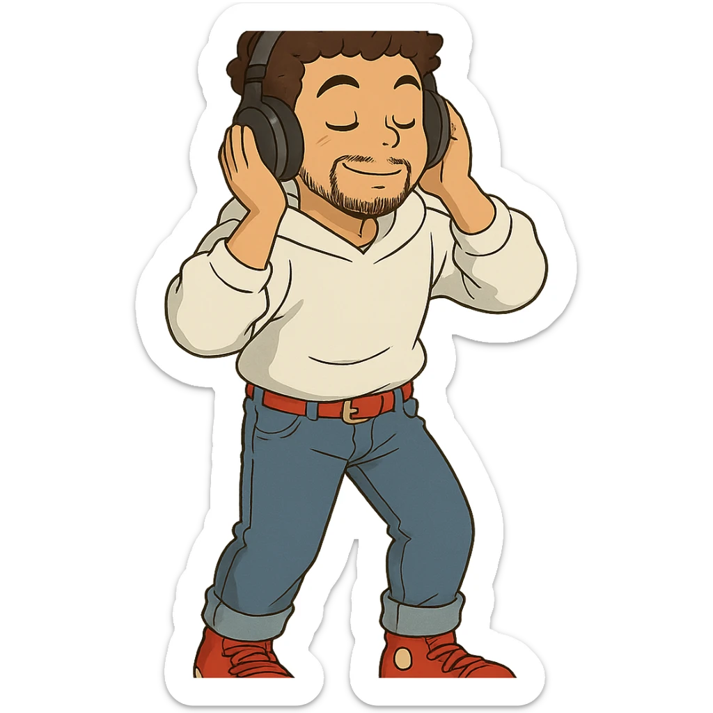 1 male, mid fade haircut dark chestnut brown curly hair, toasted lightskin, white hoodie sleeves up, fashion jeans, red fashion-sneakers shoes, red belt, short trimmed beard and goatee,  style of deku from "my hero academia", headphones on jammin', twtich emote sticker