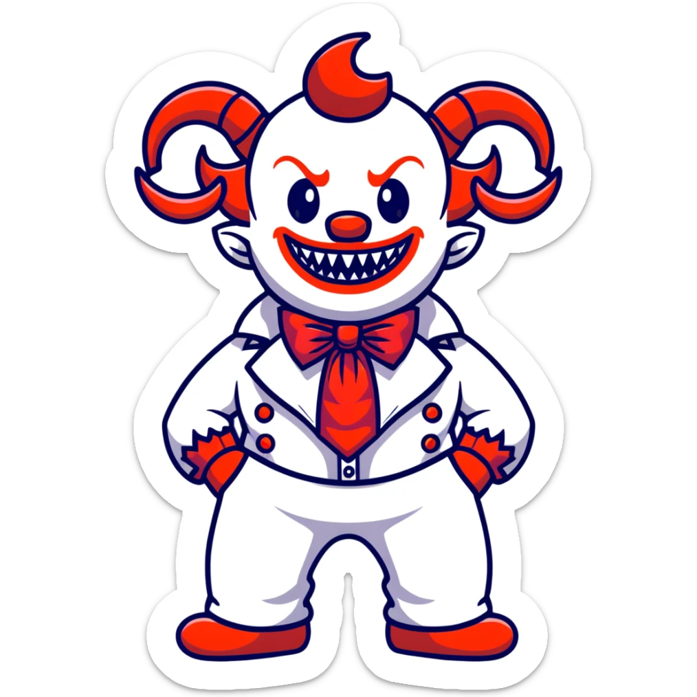 full-body demonic clown in a white leisure suit with bellbottom pants, bald, with black ram horns, flashy belt, ruffled shirt, no neck tie, large fangs in mouth sticker