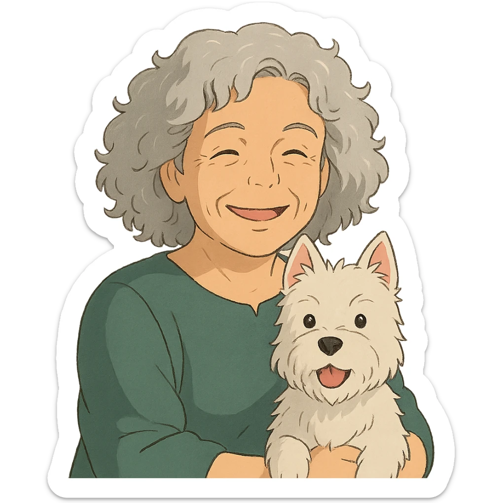 50-year-old woman with silver curly hair, smiling, with a Westie dog, ghibli style sticker