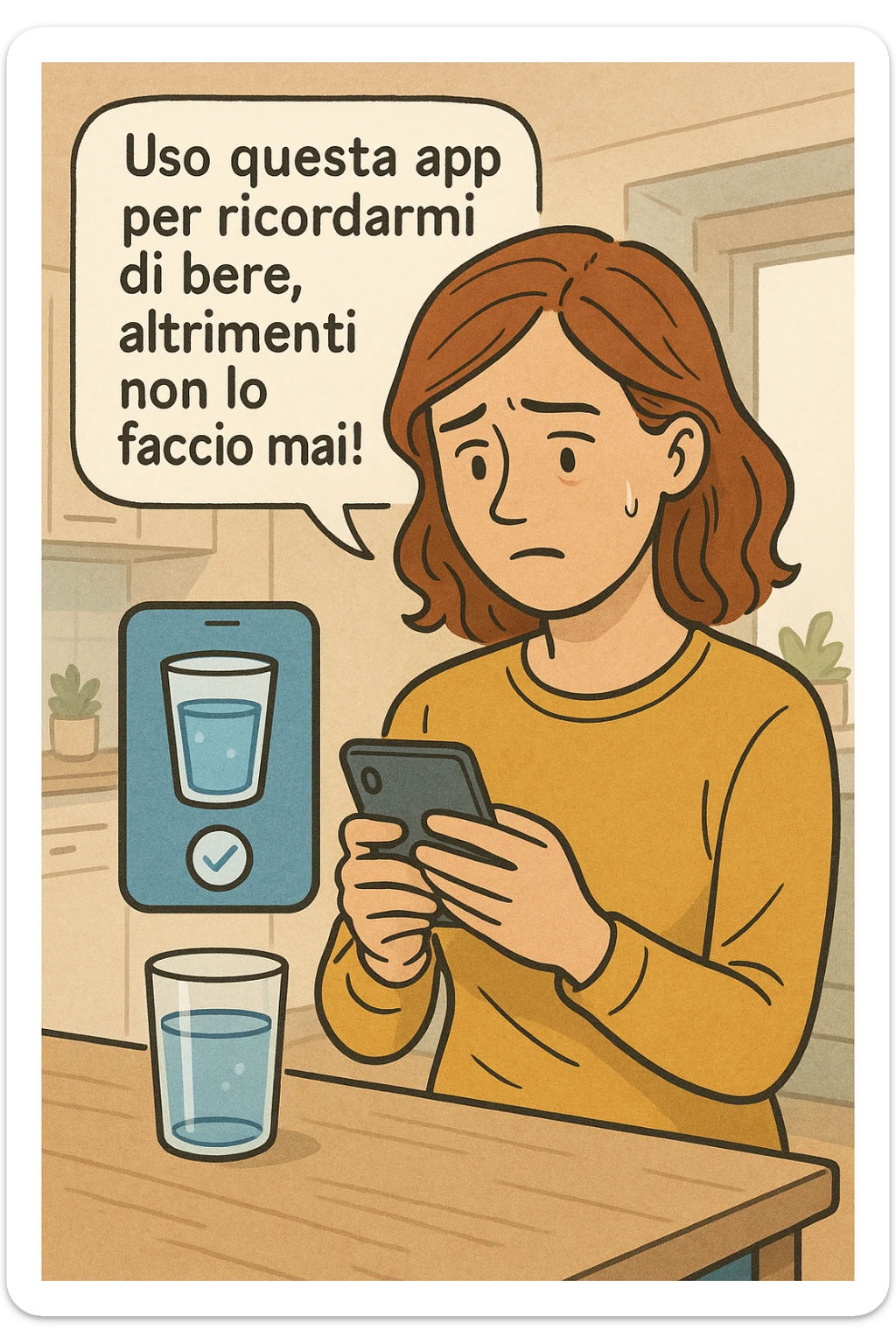 Donna che usa App per ricordarsi di bere, altrimenti non beve mai testo in italiano sticker