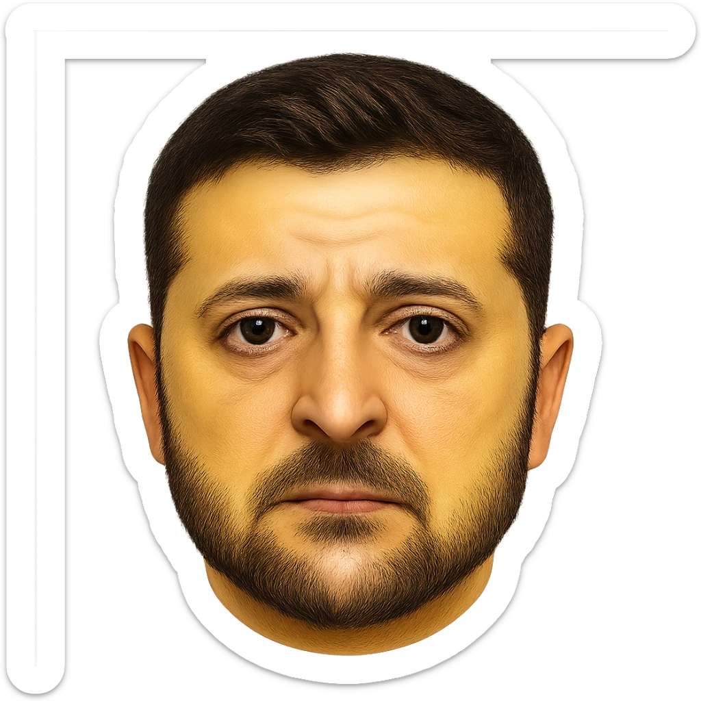 emoji-style portrait of Vladimir Zelensky with a yellow round face, very recognizable and detailed facial features, realistic eyes, hair, and beard, high quality sticker