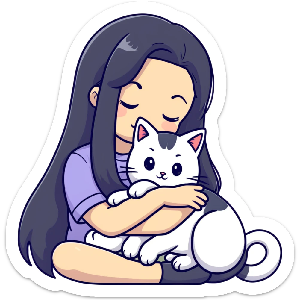 Beautiful girl with long black hair cuddling a gray and blonde cat sticker
