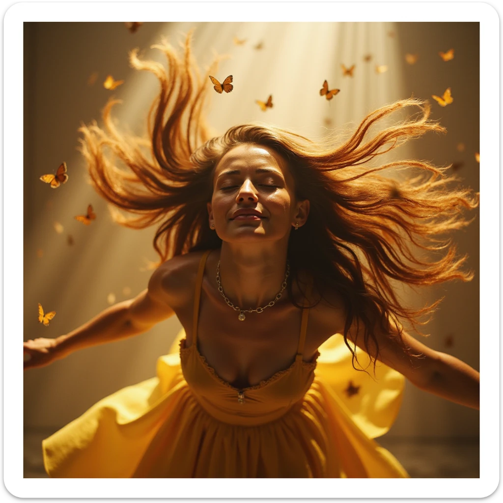 A woman floating in zero gravity, long hair swirling like liquid gold, chains of worry transforming into butterflies, warm light embracing her relaxed face, hyperrealistic 4K, ethereal and uplifting atmosphere sticker