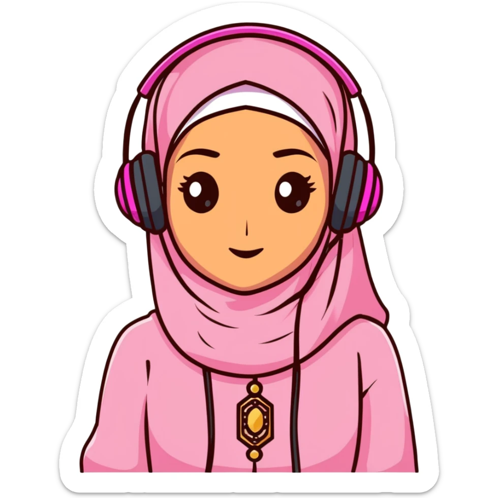 Hijabi girl, brownskin, dark brown eyes, wearing pink, wearing gold jewelry, wearing headphones sticker