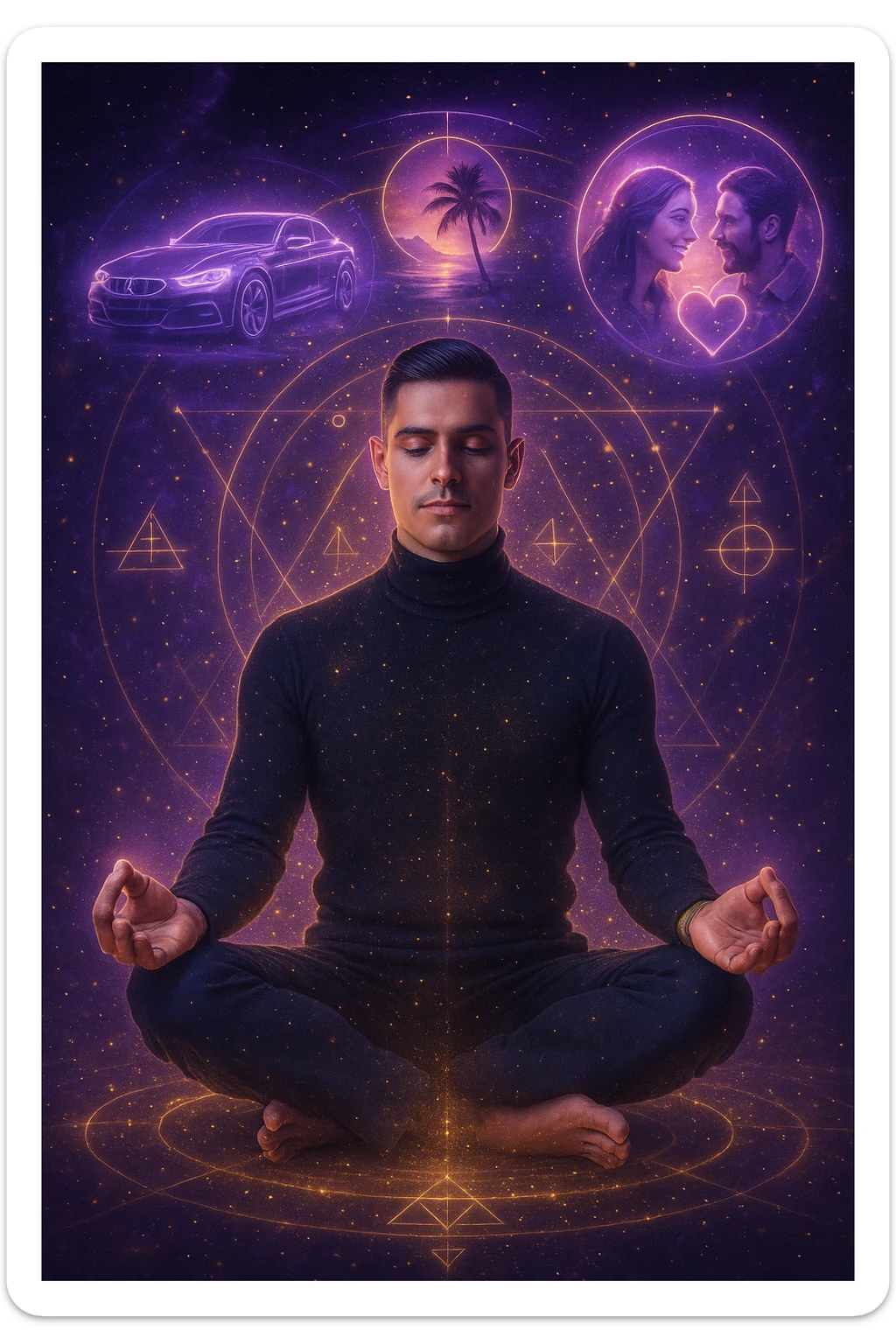 "Un uomo in meditazione fluttuante nello spazio cosmico, circondato da particelle dorate e simboli alchemici. Intorno a lui, oggetti e situazioni dei suoi desideri (auto, viaggi, amore) si materializzano come ologrammi luminosi. Stile cyber-mistico, colori viola e oro." sticker