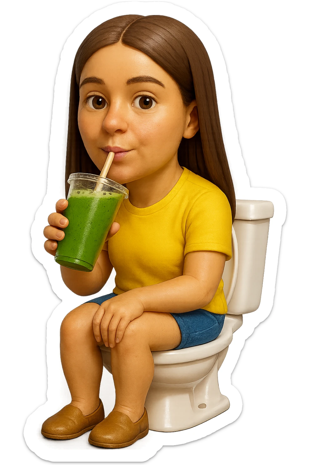 emoji stile iphone di una donna seduta sul wc che beve uno smoothies verde, iperrealistico 4k sticker