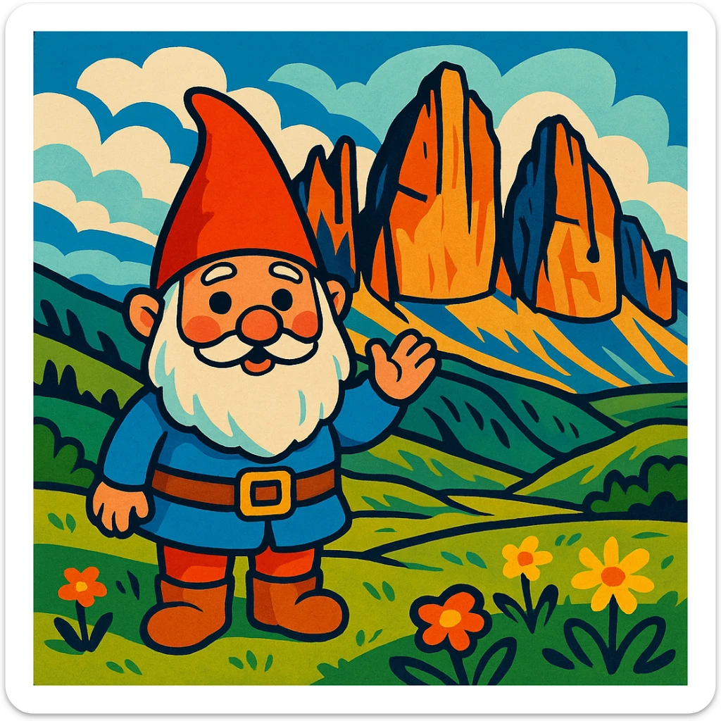 whimsical gnome standing in front of the Tre Cime di Lavaredo mountains in the Dolomites, iconic three peaks in the background, vibrant and playful style sticker