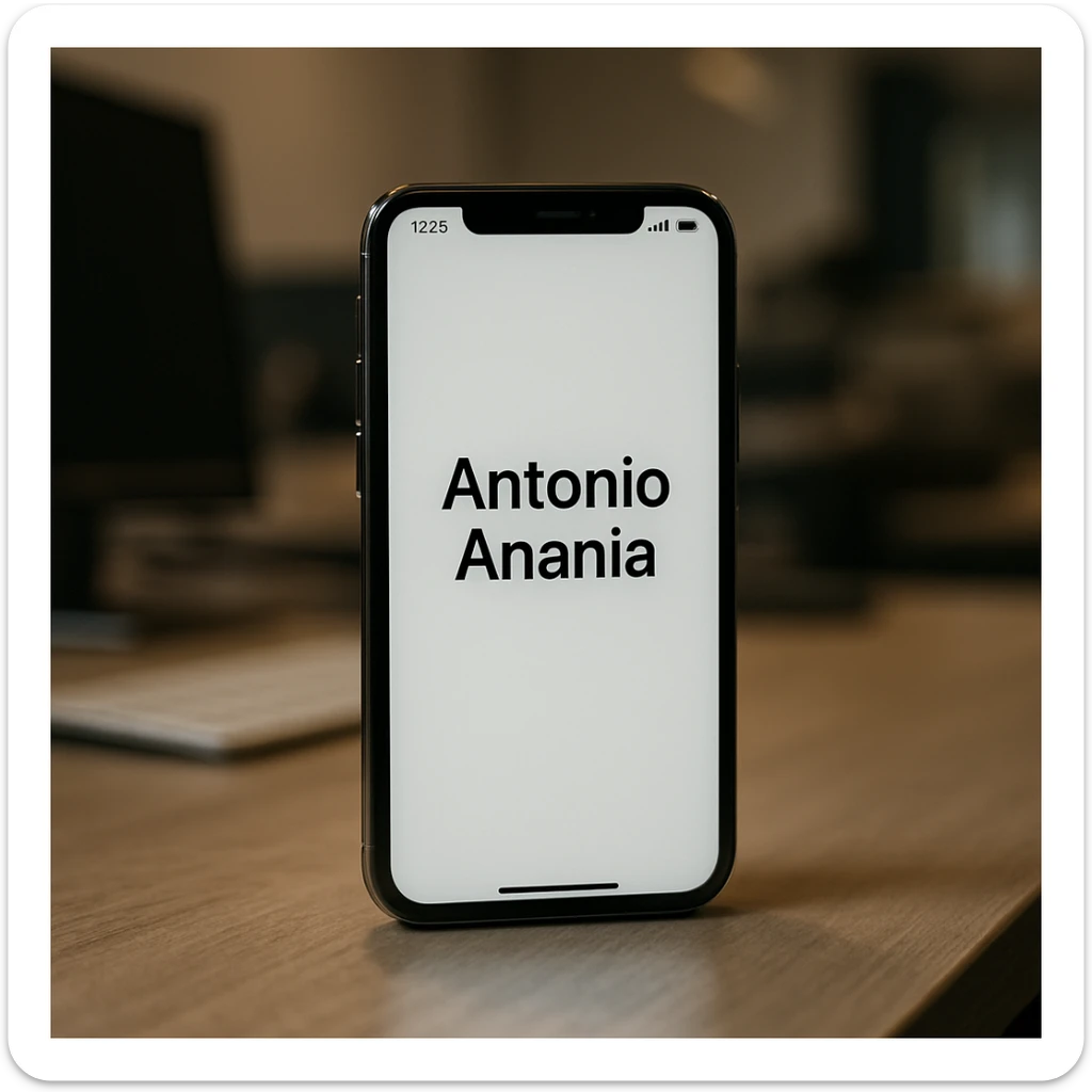 A photo of an iPhone with the message "Antonio Anania" on its screen, The phone sits atop a desk with a blurred background that suggests work environment. A faint glow from above casts gentle shadows across the surface of each object, creating depth and highlighting their textures. sticker