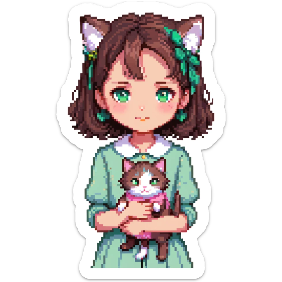 character with dark brown hair clipped back with a hairpin, sweet eyes, pink clothing, holding a cat sticker