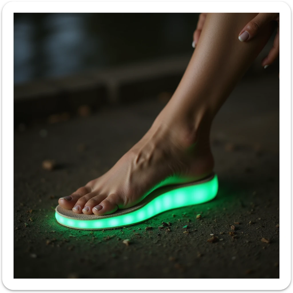 realistic style woman in relaxed position, orthopedic insole in shoe, foot with glowing green halo, satisfied smile, natural environment sticker