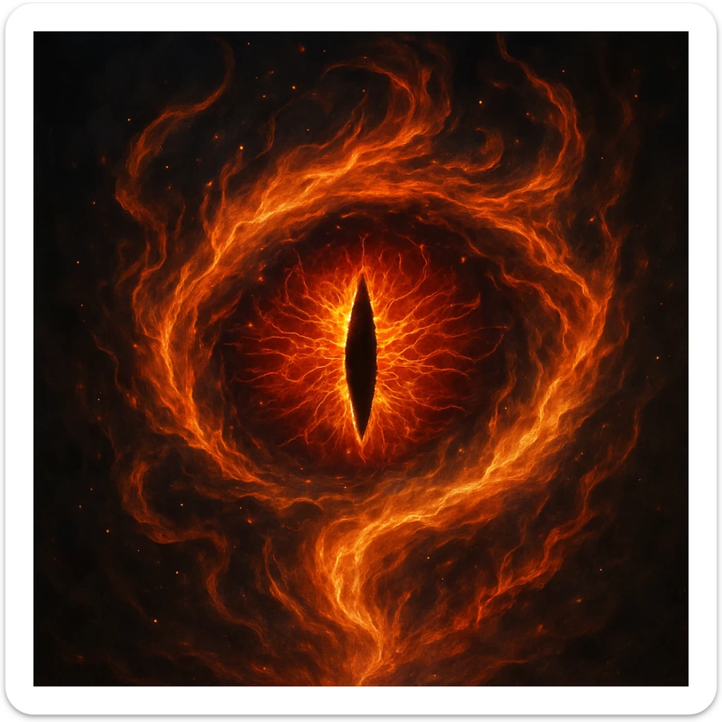 the Eye of Sauron, in a mystical, magical aura, surrounded by swirling flames sticker
