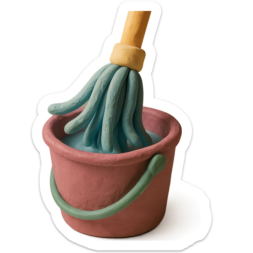 close-up of mop wringing out in a bucket, soft lighting, pastel colors, claymation style sticker
