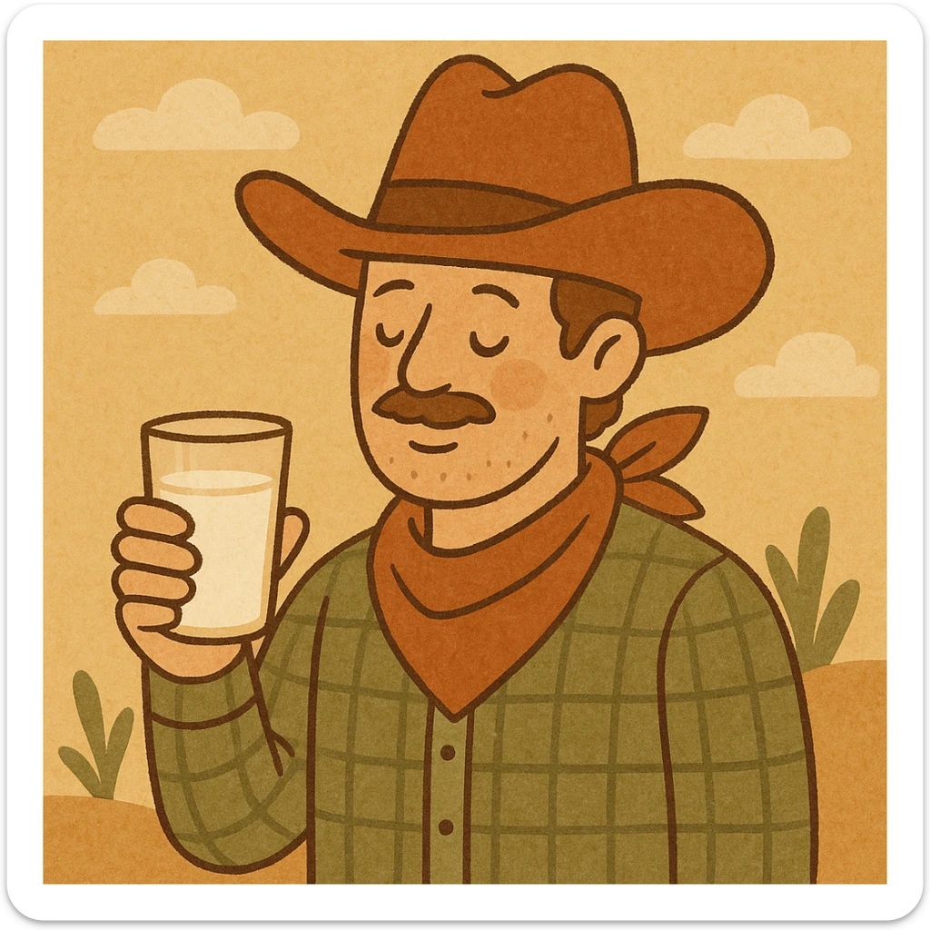a cowboy holding a glass of milk, western theme, warm colors, detailed illustration sticker
